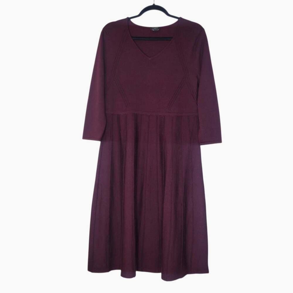 Talbots Merino Wool Midi Dress PL Burgundy Fit Flare V Neck 3/4 Sleeve Knit Cozy